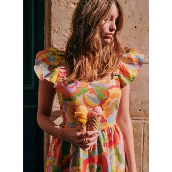 Sezane Melville Organic Linen Midi Dress Seventies Multicolor Print 36 4 - Picture 3 of 10